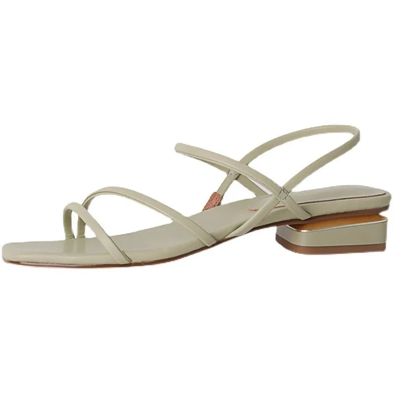 Women's flat beige Roman sandals with square toe and microfiber straps