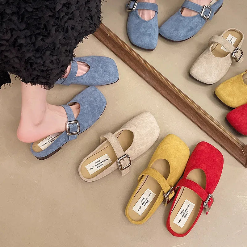 Women's flat closed toe half slippers in apricot colour with square toe and rubber sole