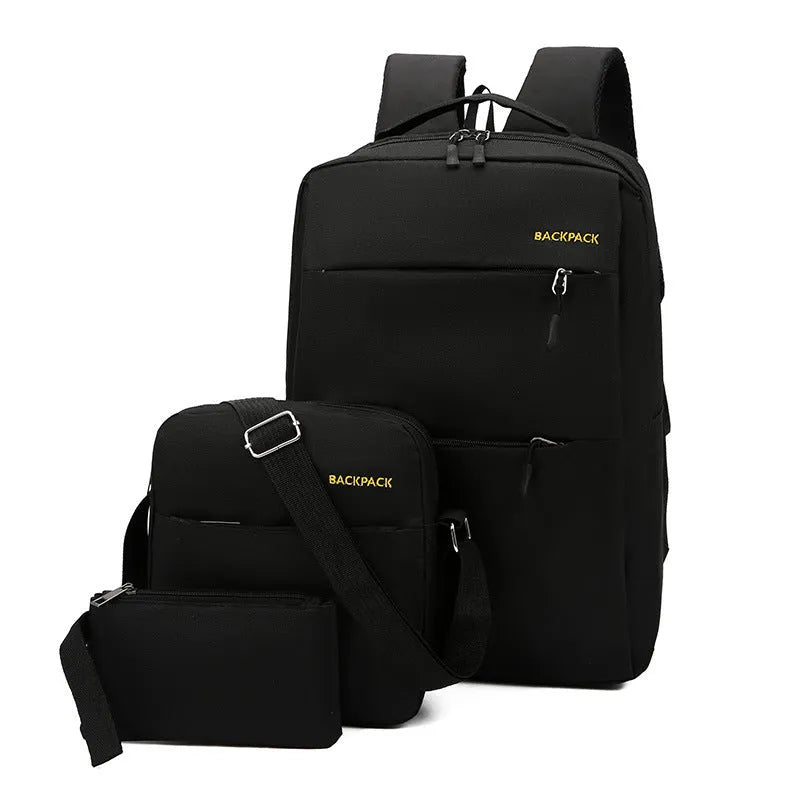 Men's USB charging casual computer bag three-piece set in solid colours with multiple compartments and air pillow belt