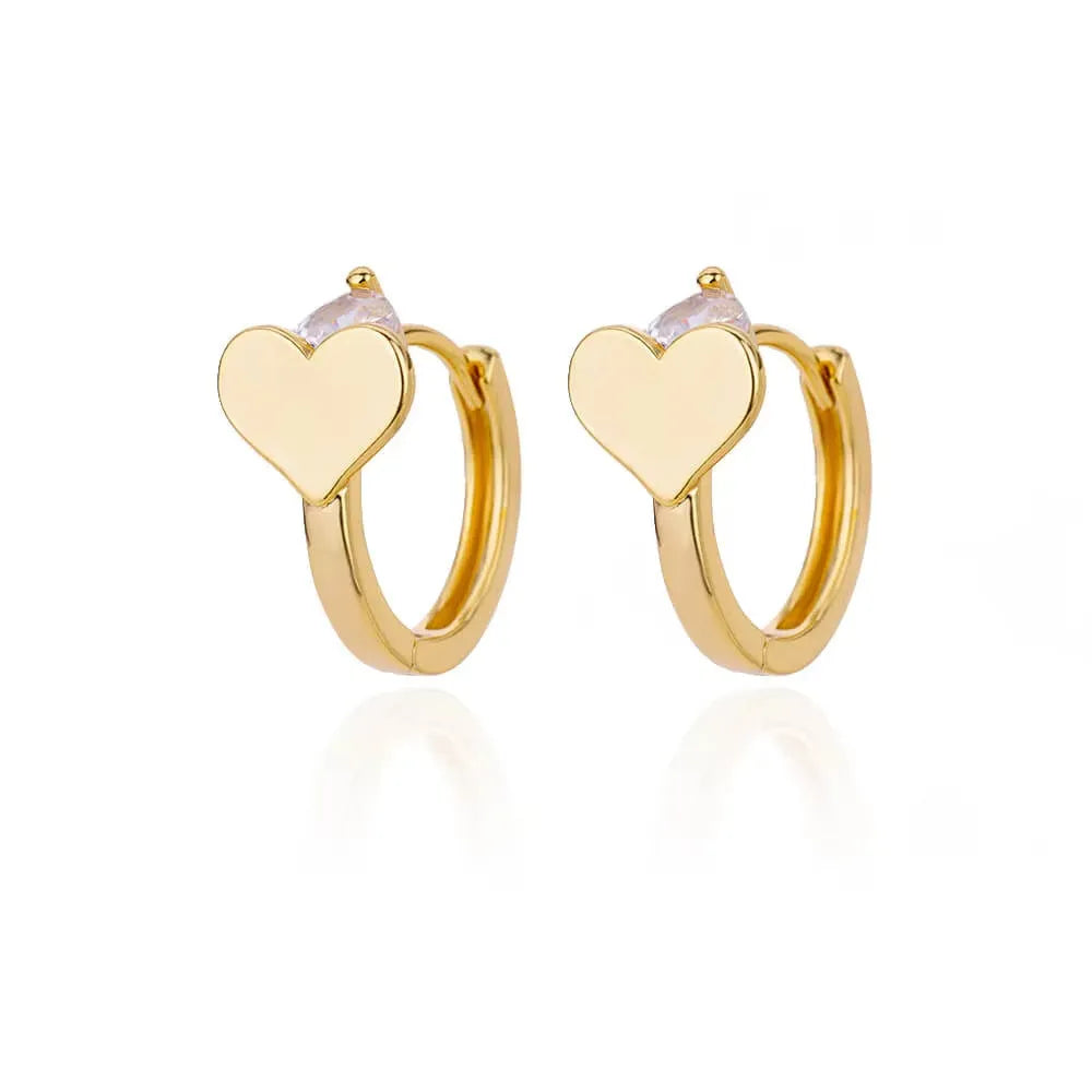 Gold colour heart stud earrings with zircon stone and clip fastening for women