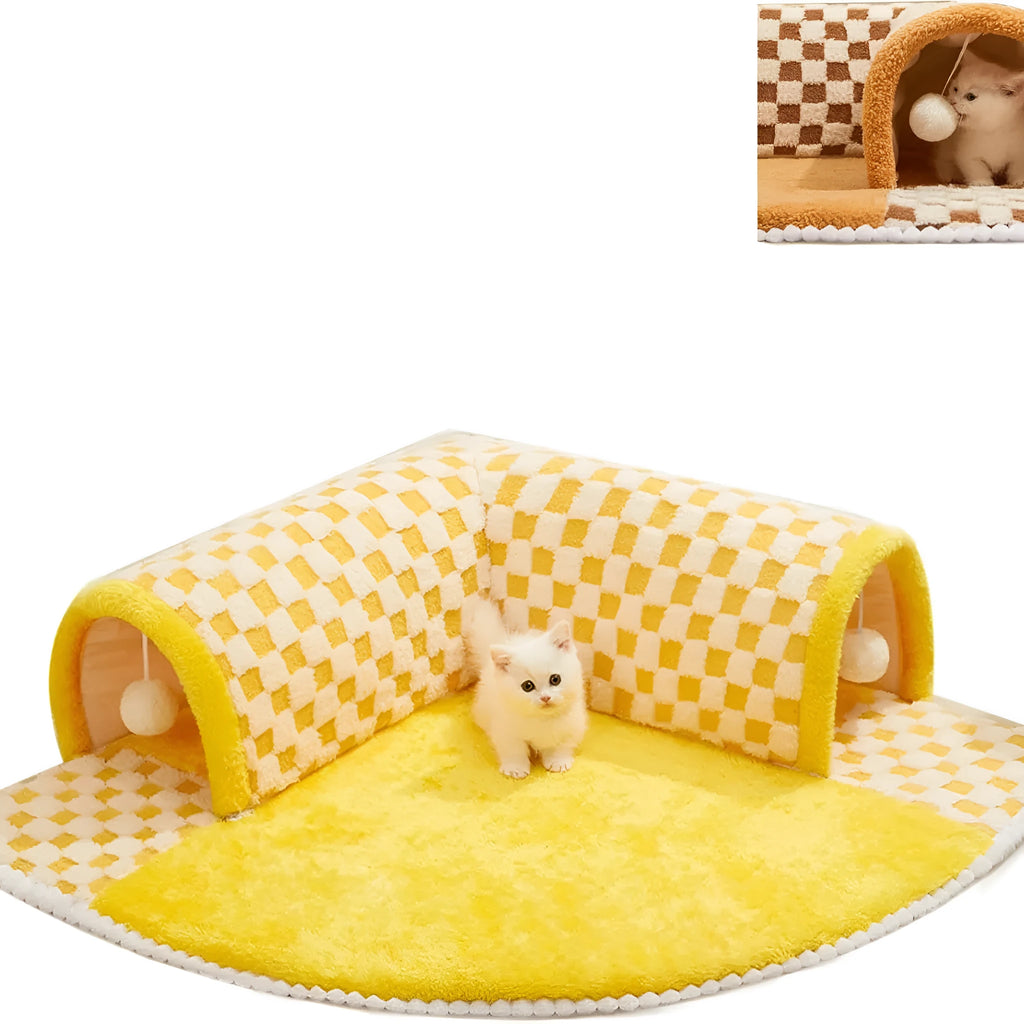 Brown and yellow plush plaid cat tunnel bed with central mat, shown in XL size for indoor cats.