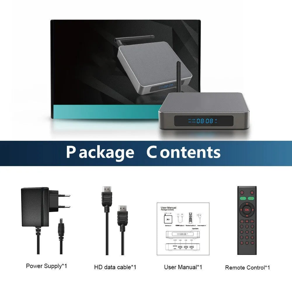 Black Android set-top box with HDMI port, measuring 105x105x20mm, beside its remote control and power adapter.
