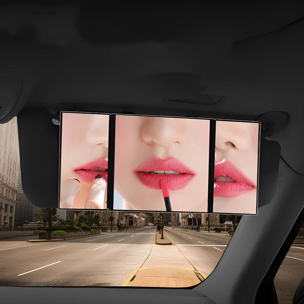 Silver car folding makeup mirror shown open and closed on a car visor