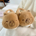 Light brown women's winter plush slippers with cartoon pattern and round toe design