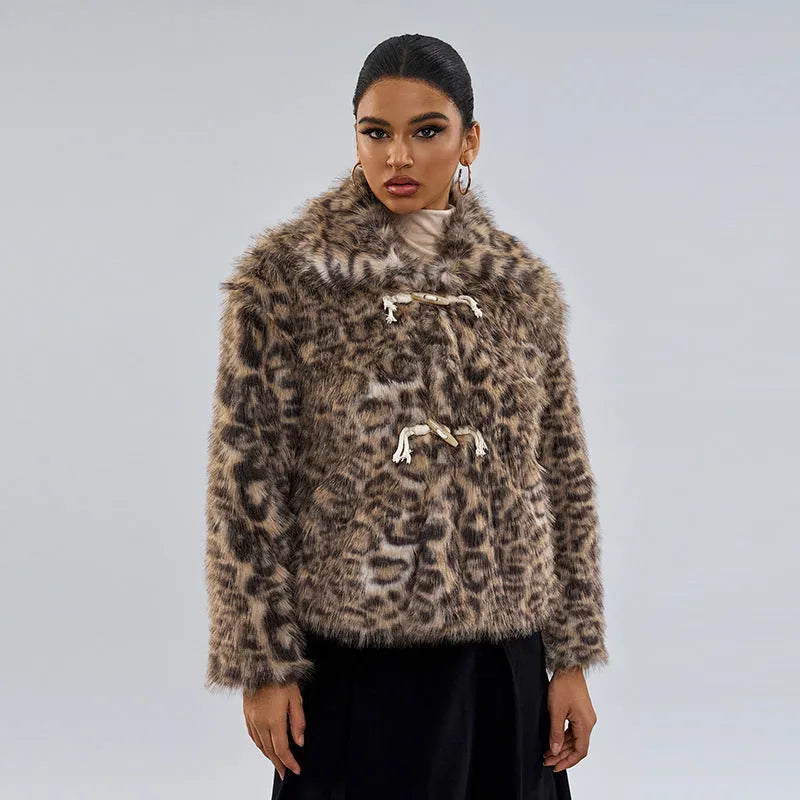 Women's leopard print buckle lapel coat in polyester with regular sleeves