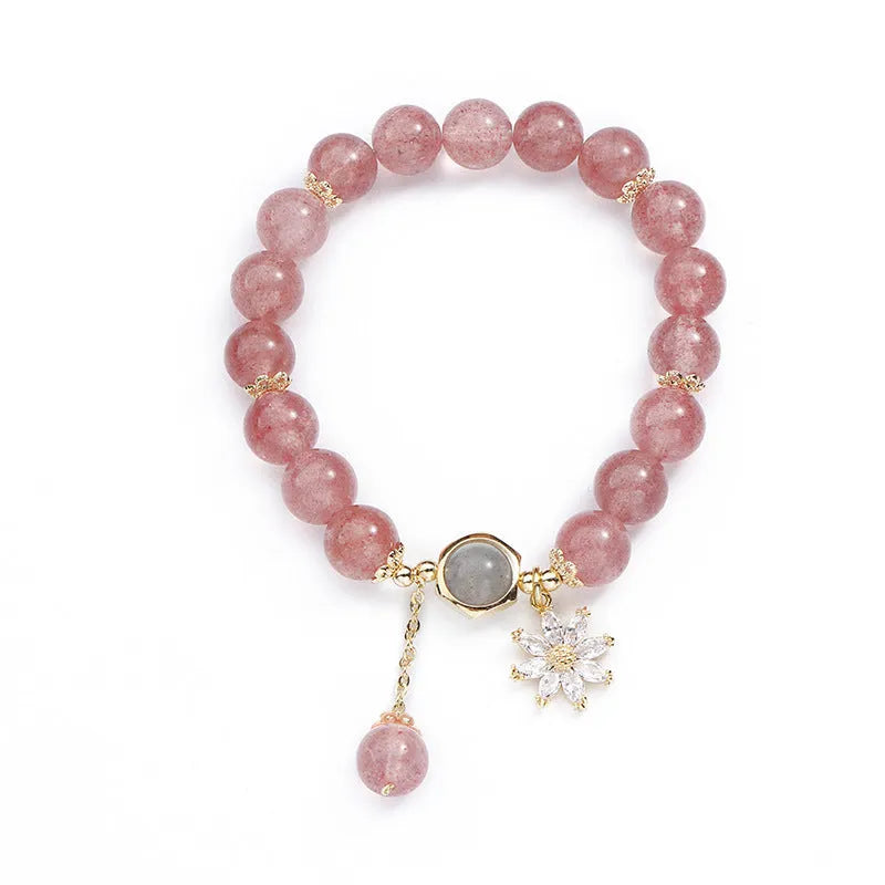 Pink strawberry quartz crystal bracelet with electroplated metal components and floral design in Mori style