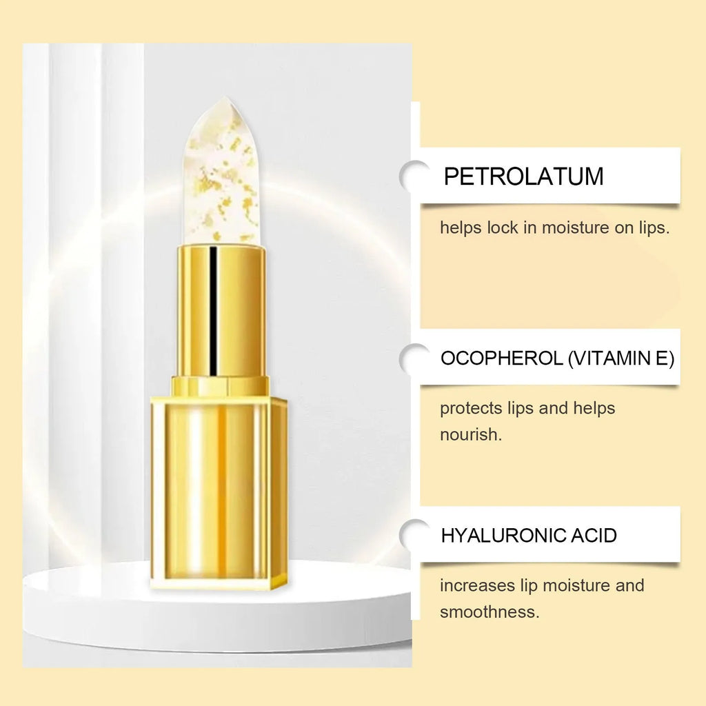 Gold packaging of 3.5g nourishing lipstick with hyaluronic acid and vitamin E