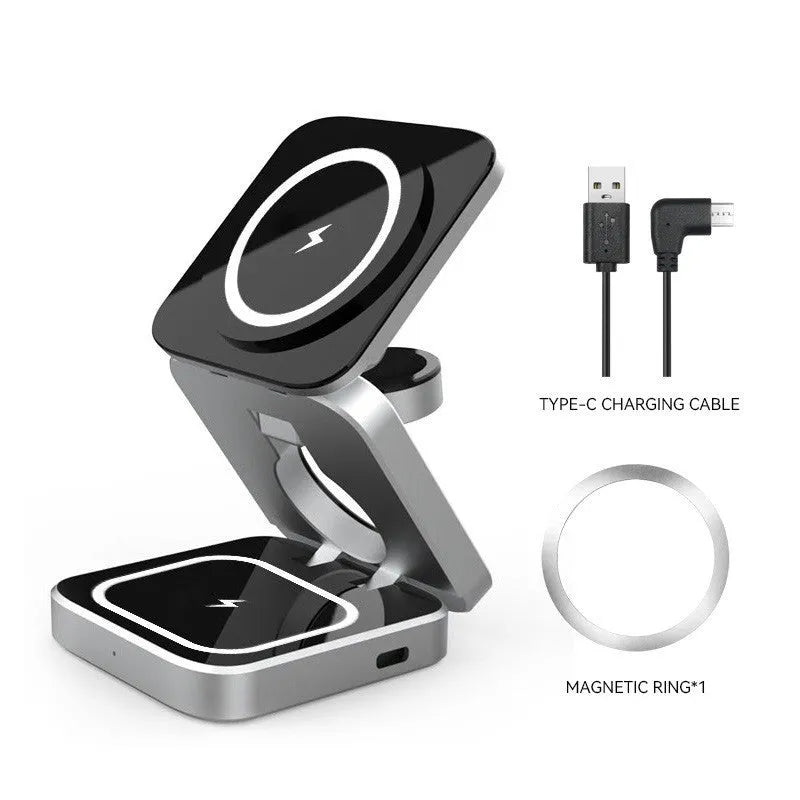 Three-in-one desktop wireless charging bracket with foldable stand and magnetic ring