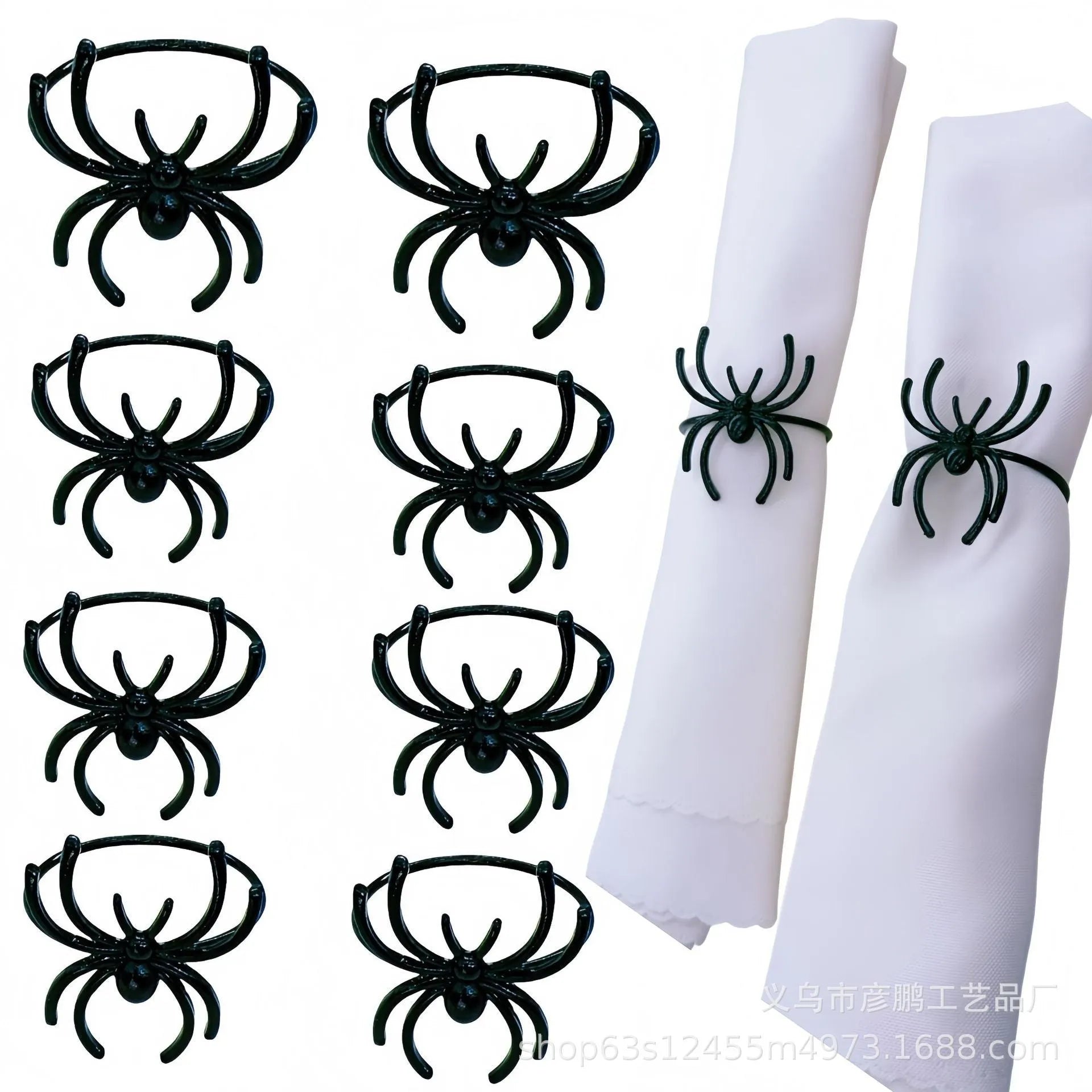 Set of six black alloy napkin rings with spider pattern design for Halloween table decoration