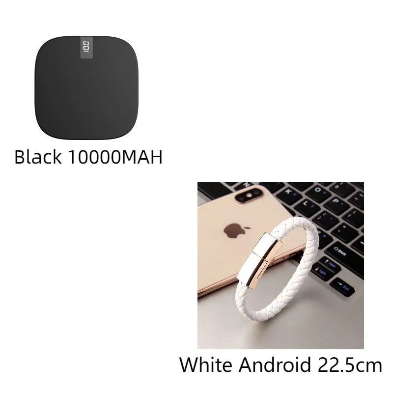 10000mAh mini power bank with LCD display, dual USB ports, and fast input, in red, white, or black.