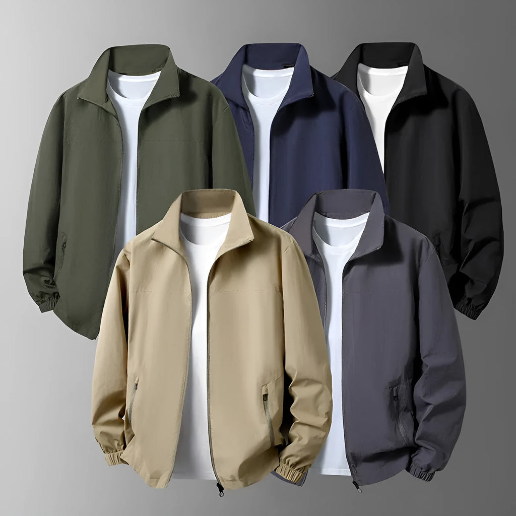 Large size men's casual jacket with stand collar and zipper, available in five colours and sizes M to 8XL