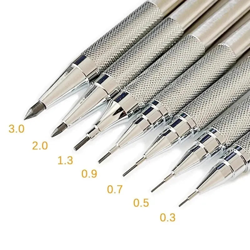 Metal automatic mechanical pencil with multiple lead size options including 0.5mm and 0.7mm