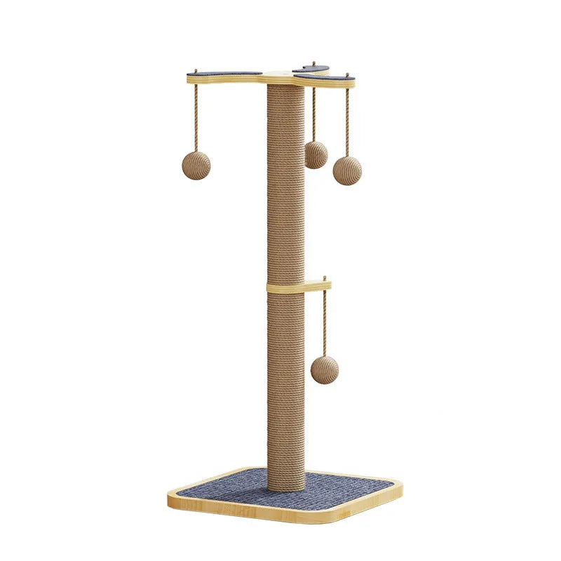 Windmill-shaped cat climbing frame with hanging ball toy made from pine wood and carpet leather