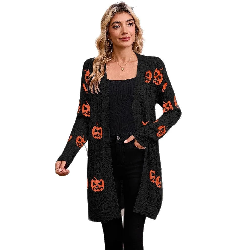 Women's black Halloween cardigan with orange pumpkin head jacquard pattern, regular sleeves, straight cut