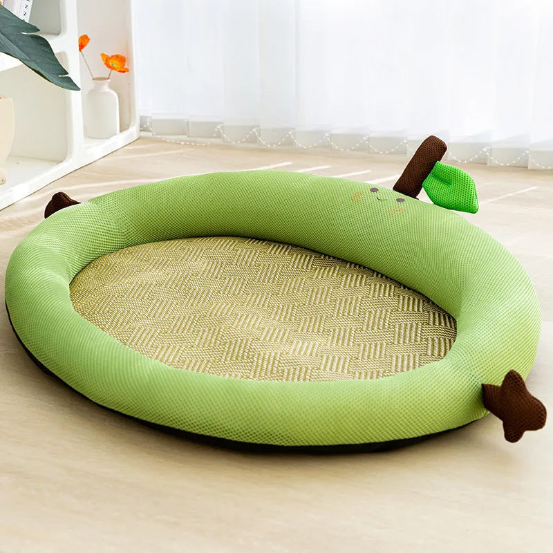 Green fruit backrest pet nest mat for dogs and cats with raised edge border in large size.