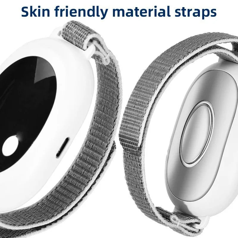 White handheld USB-powered sleep aid instrument with remote control and adjustable intensity settings.