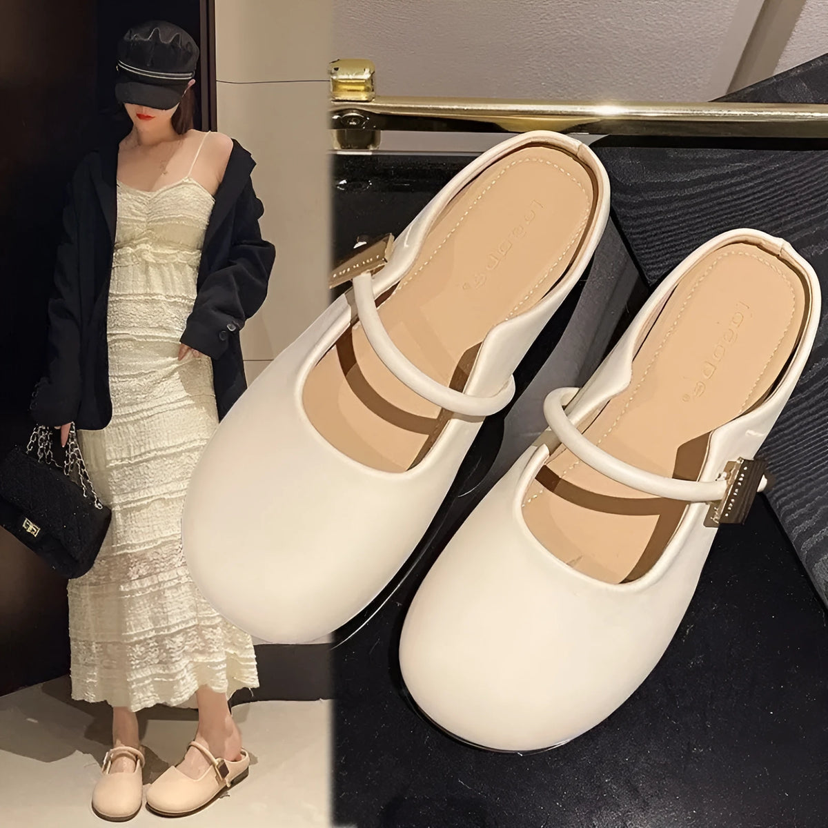 Women's apricot or khaki slip-on semi slipper with square buckle toe cap and PVC sole