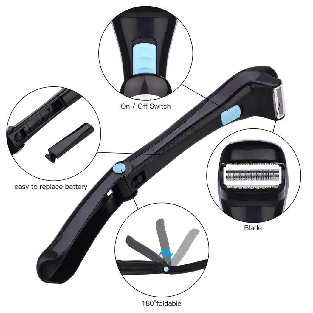 Black folding electric shaver for women with battery compartment visible