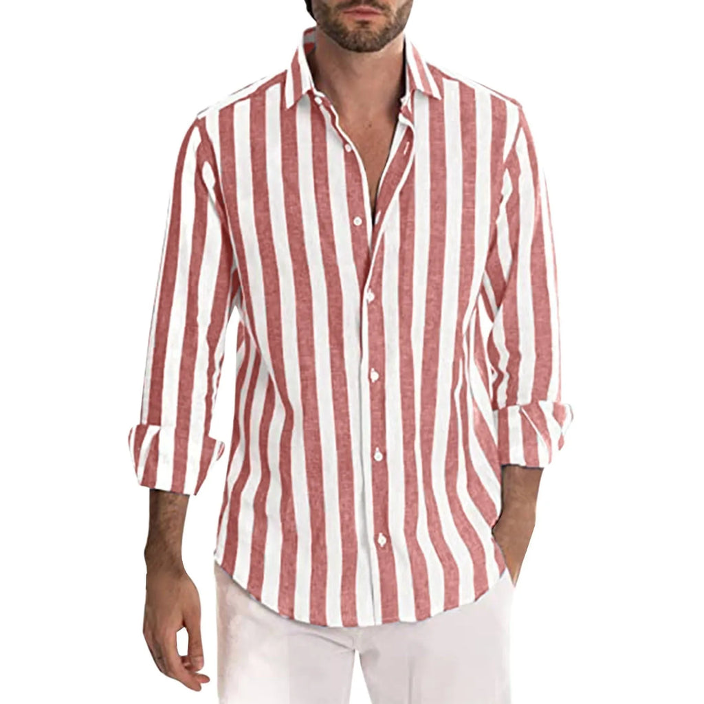 Men's yarn-dyed striped casual shirt loose fit long sleeve British style cardigan polyester