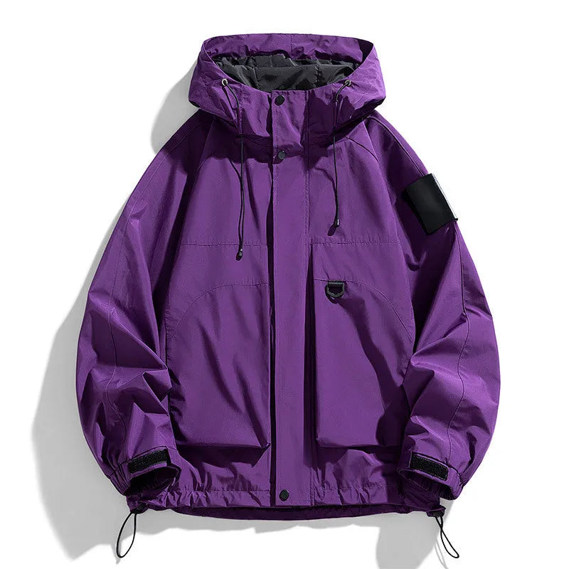 Men's black waterproof hooded jacket with long sleeves and regular length fit