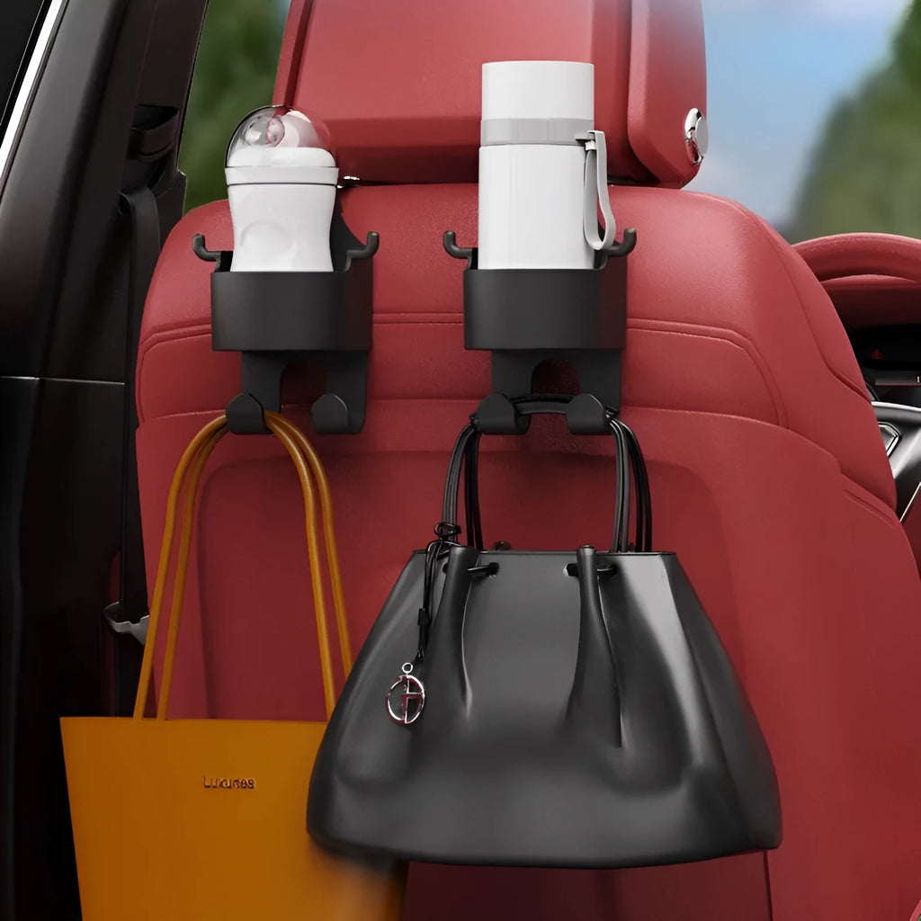 Black plastic car hook seat back organiser with cup holder and hook