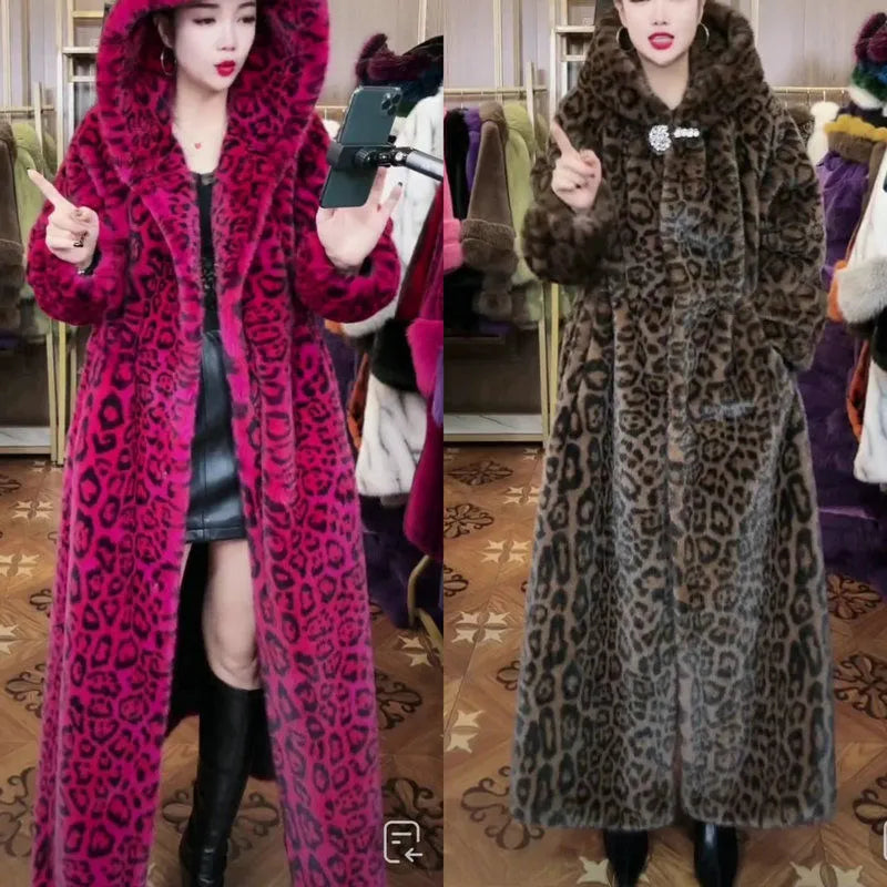 Brown leopard print plus size faux fur coat with 100cm length and regular sleeves