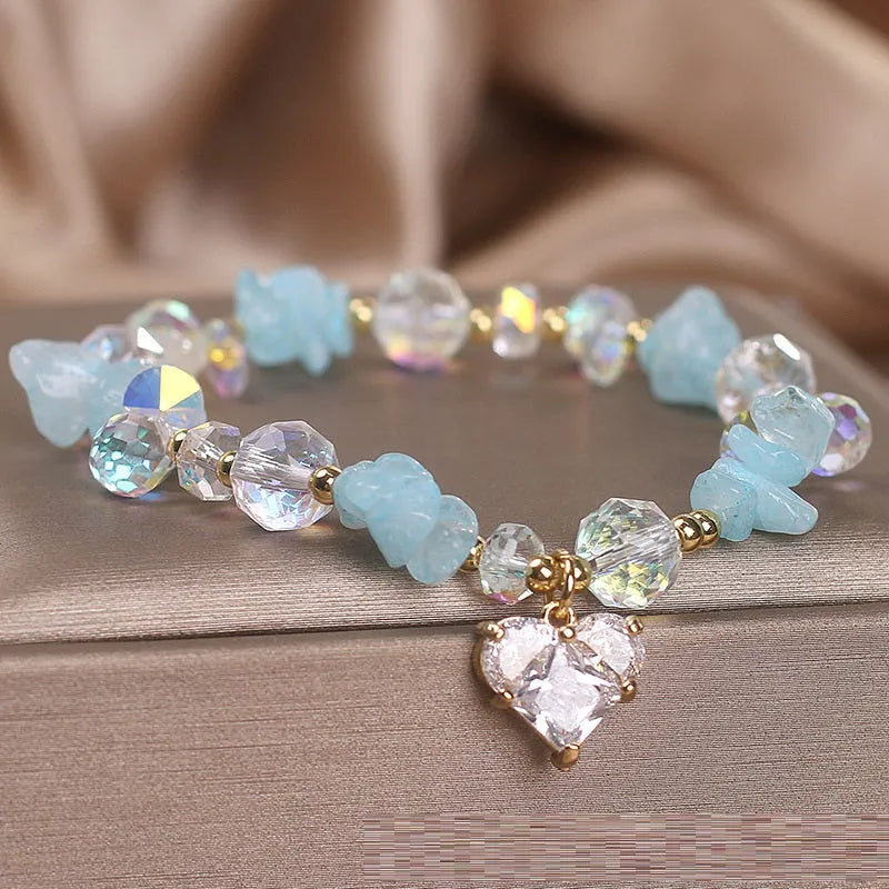 Sky blue aquamarine gravel crystal bracelet for women with heart detail and electroplated finish