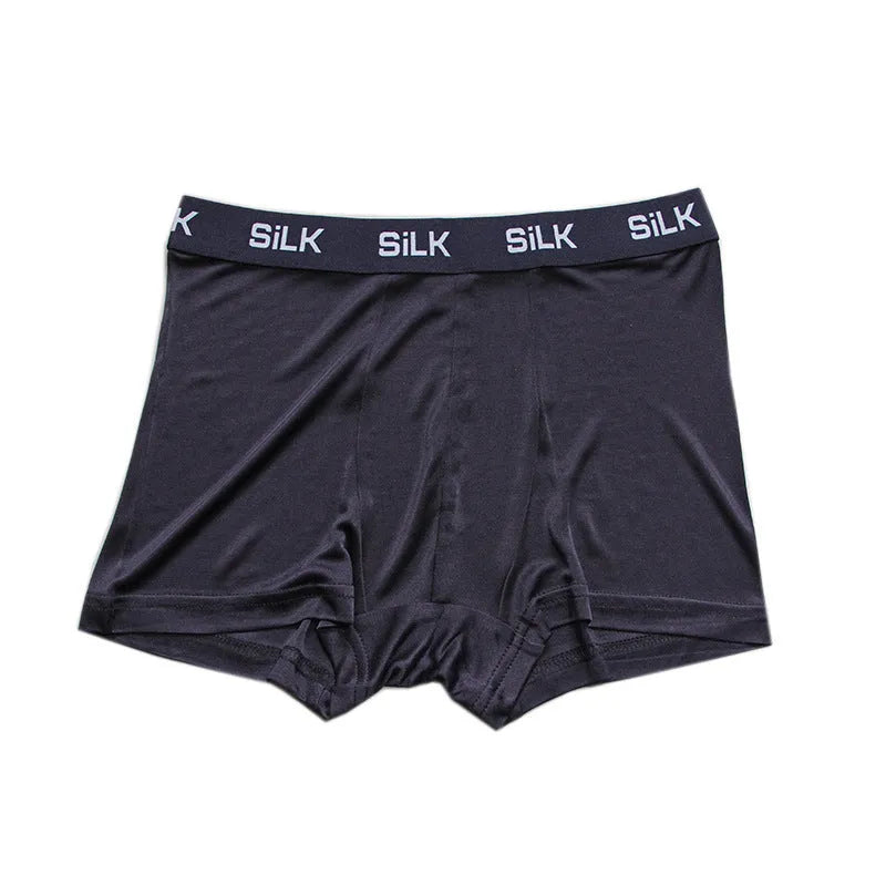 Men's navy blue silk shorts with elasticated mid waist on size chart