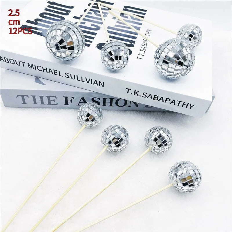Glass disco ball cake decoration with wooden stick in various sizes for birthday cakes