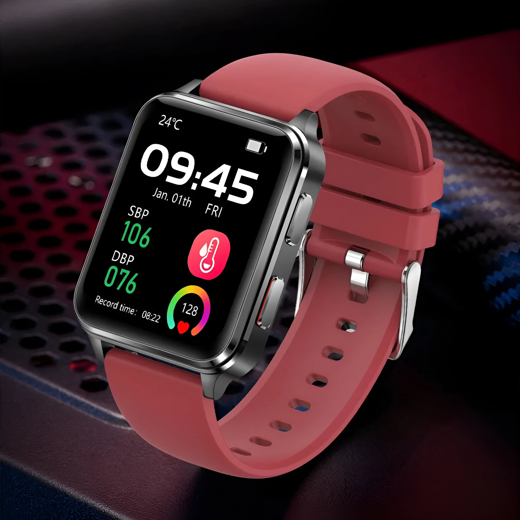 Blue multi-sport smart watch with 1.7-inch tempered glass screen and silicone wristband on wrist