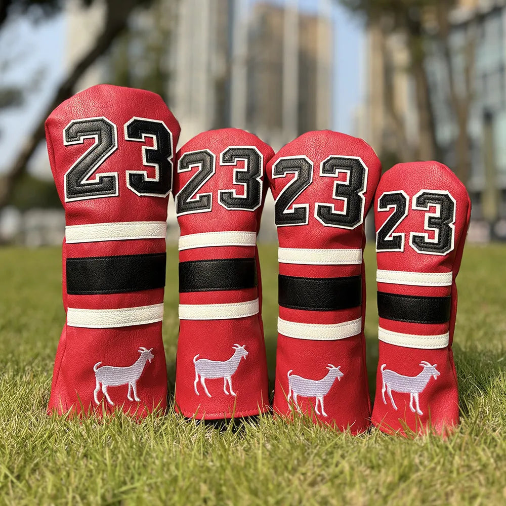 Set of four PU golf club headcovers for driver, fairway woods, hybrid, and putter in assorted colours.