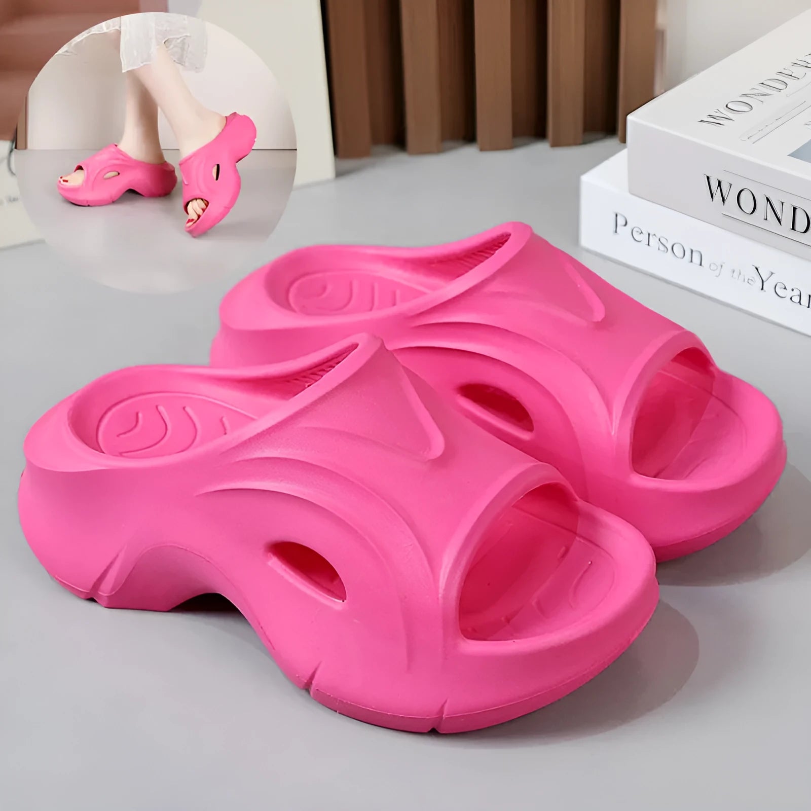 Women's white thick-soled EVA slippers with round toe design for beach use