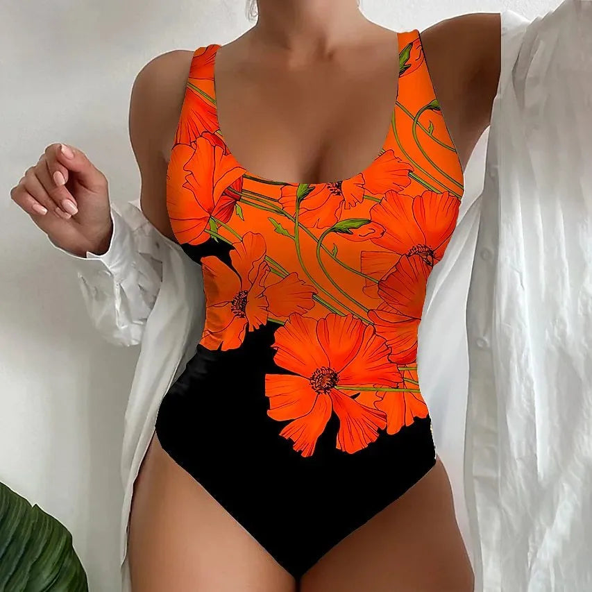 Women's 3D printed one-piece swimsuit in orange red colour with stretch fabric construction
