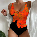 Women's 3D printed one-piece swimsuit in orange red colour with stretch fabric construction