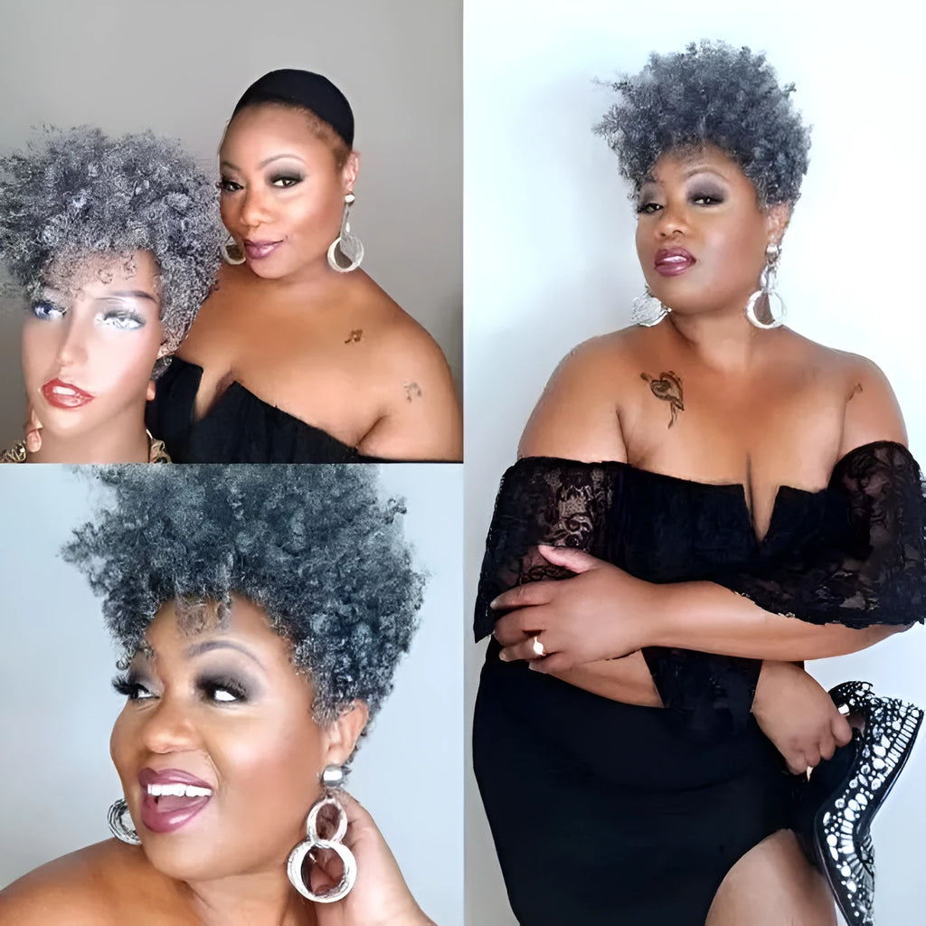 Women's short synthetic wig with simple rolls hairstyle in Kanekalon fibre, shown in H002 Black colour.