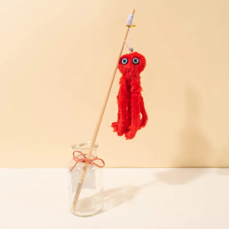 Furry octopus cat toy attached to long stick for interactive indoor play with kittens