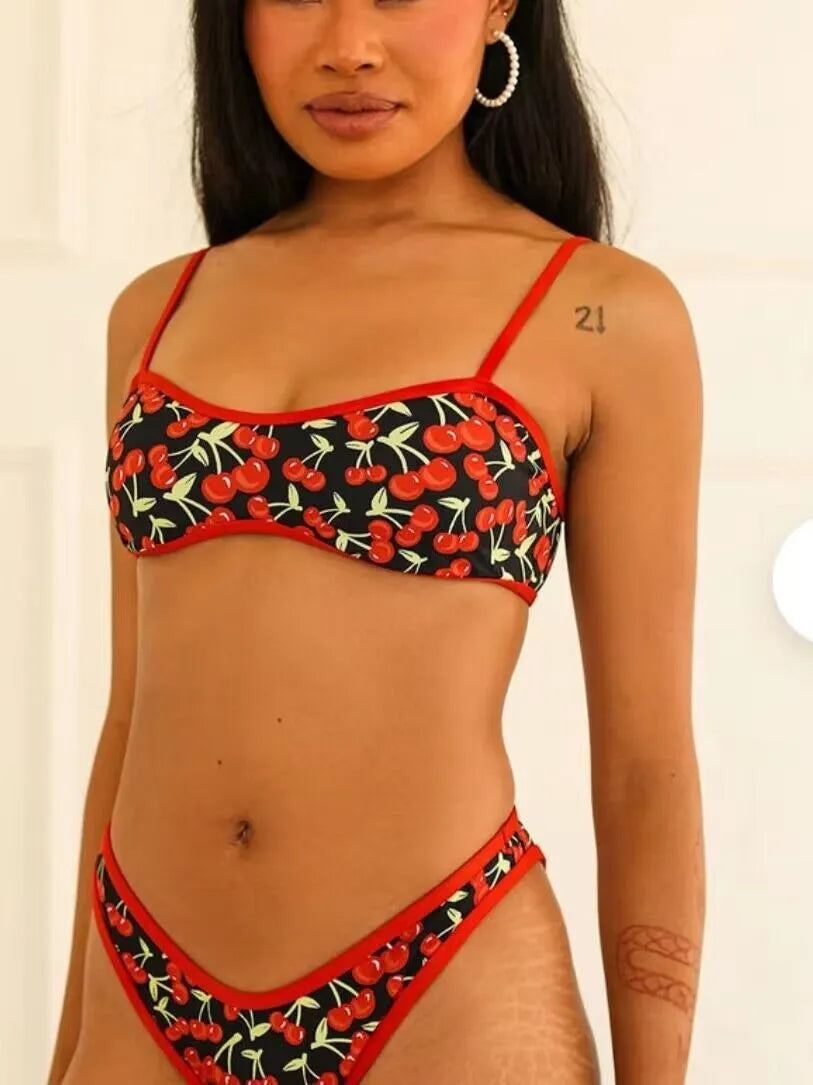 Women's cherry print tube top bikini swimsuit with floral pattern and briefs style