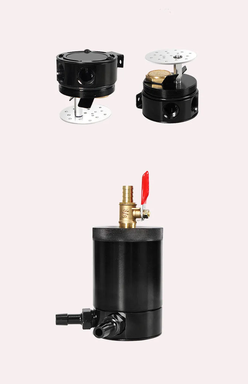 Aluminium automotive oil drain can with ventilation holes and optional drain valve in black or silver finish