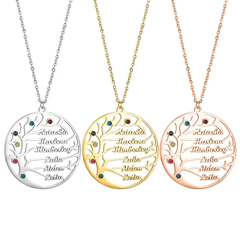 Personalized stainless steel Tree of Life necklace with custom name, gold or rose gold or steel colour clavicle chain