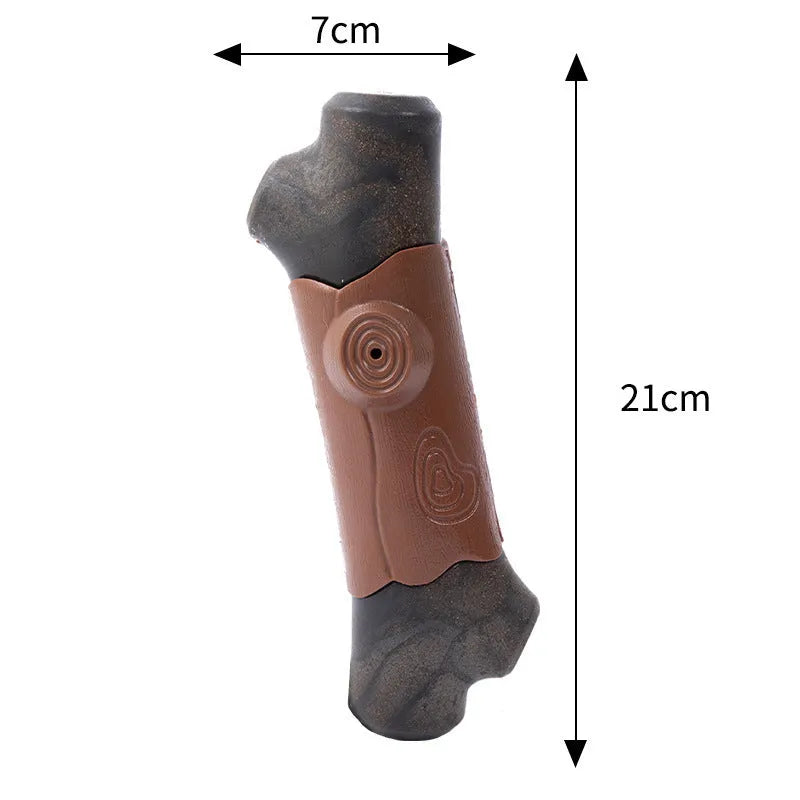 Large brown branch-shaped dog chew toy with a bacon flavour and squeaker for aggressive chewers.