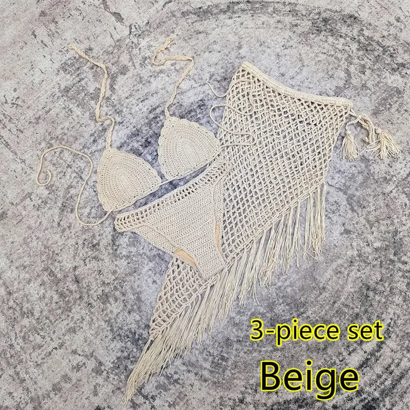 Women's 3-piece handmade crochet bikini set with skirt cover-up in solid colour acrylic fibre