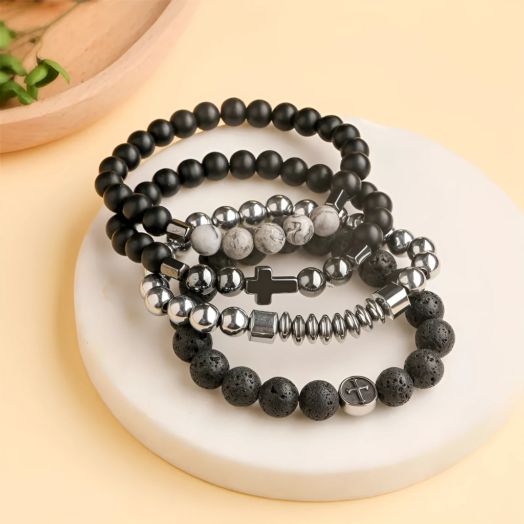 Agate bracelet with 10mm volcanic rock stones and stainless steel finish in geometry design
