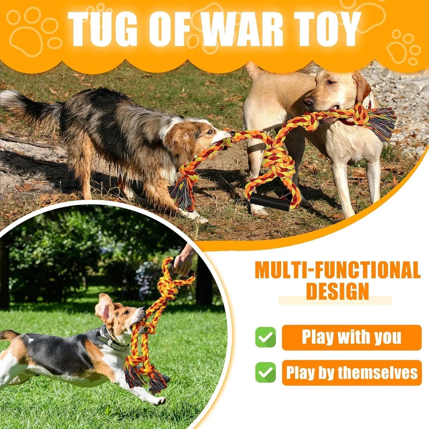 Blue and yellow cotton rope dog toy with a handle for tug-of-war