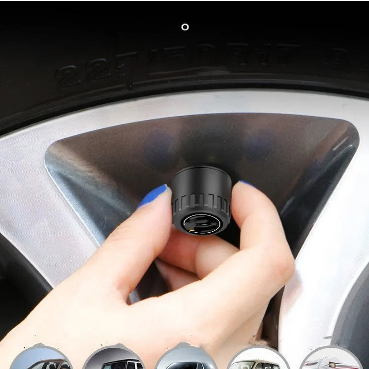 Bluetooth 5.0 automotive tyre pressure monitor kit with four black external sensors, wrench, and anti-theft screws