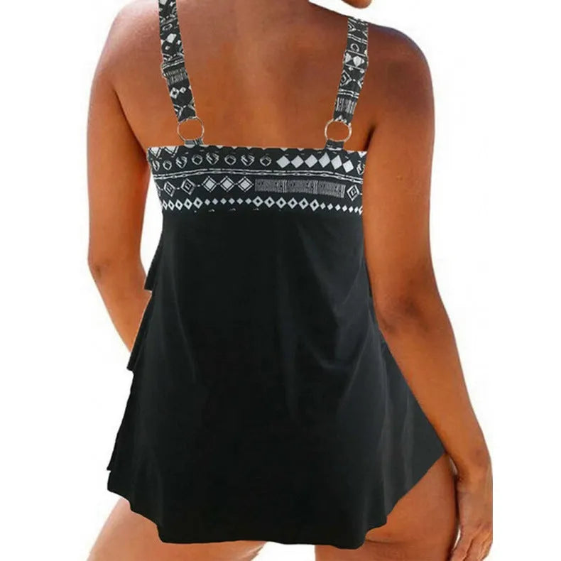 Women's plus-size sleeveless swimsuit with double shoulder straps and a bow, in a split design.