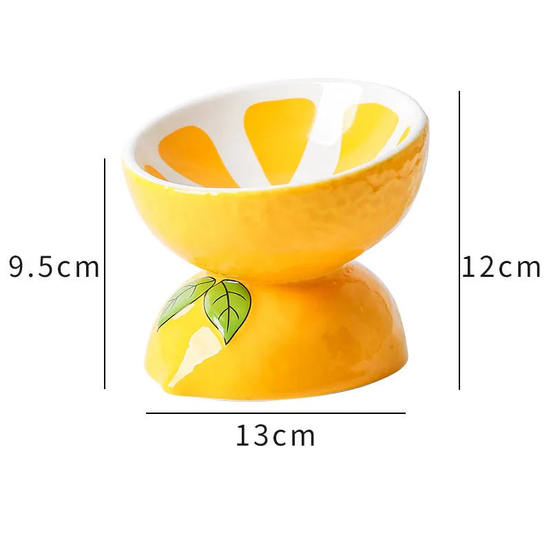 Ceramic raised cat bowl with tilted wide rim design in orange pattern for indoor cats