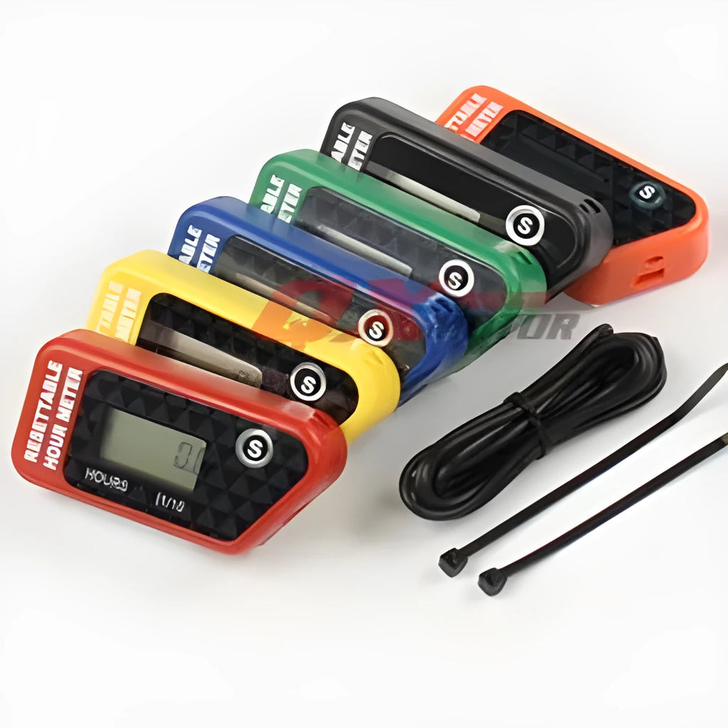 Black waterproof LCD electronic timer for ATV motorcycle motorboat and generator maintenance.