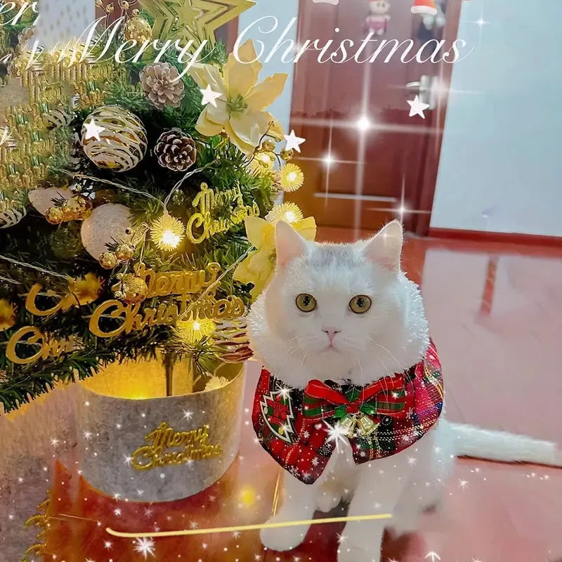 Polyester pet Christmas scarf for dogs and cats with snowflake and bell patterns in red and blue colours