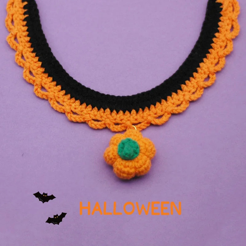 Hand-crocheted wool pet collar with pumpkin design in adjustable sizes for Halloween costumes