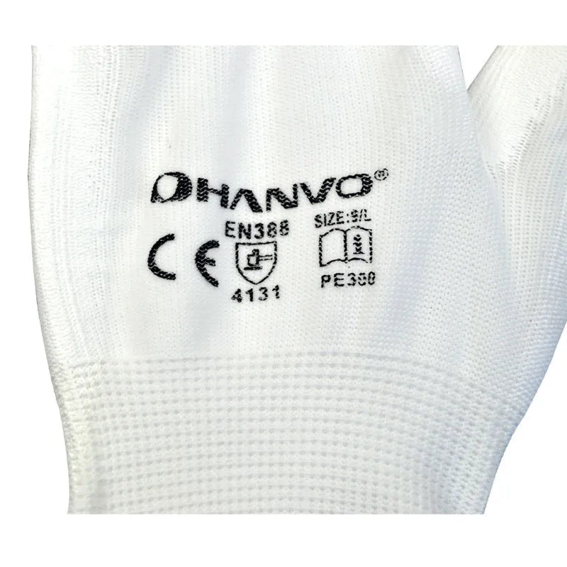 White PU coated labor gloves in size L and M, sold as a 10 pair pack for workshop use